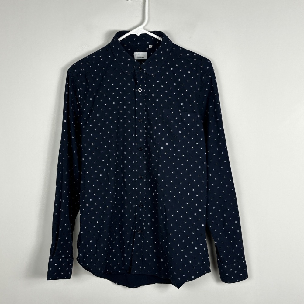7Diamonds Navy Blue Printed Long Sleeve Dress Shirt Mens Sz Medium Cotton Blend